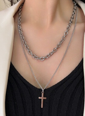 欧美小众设计双层链条项链男ins潮 冷淡风嘻哈个性锁骨链钛钢饰品