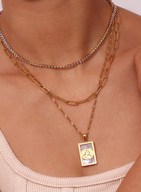 欧美时尚简约个性项坠饰品 不锈钢镀18K金贝壳母亲图案吊坠项链女