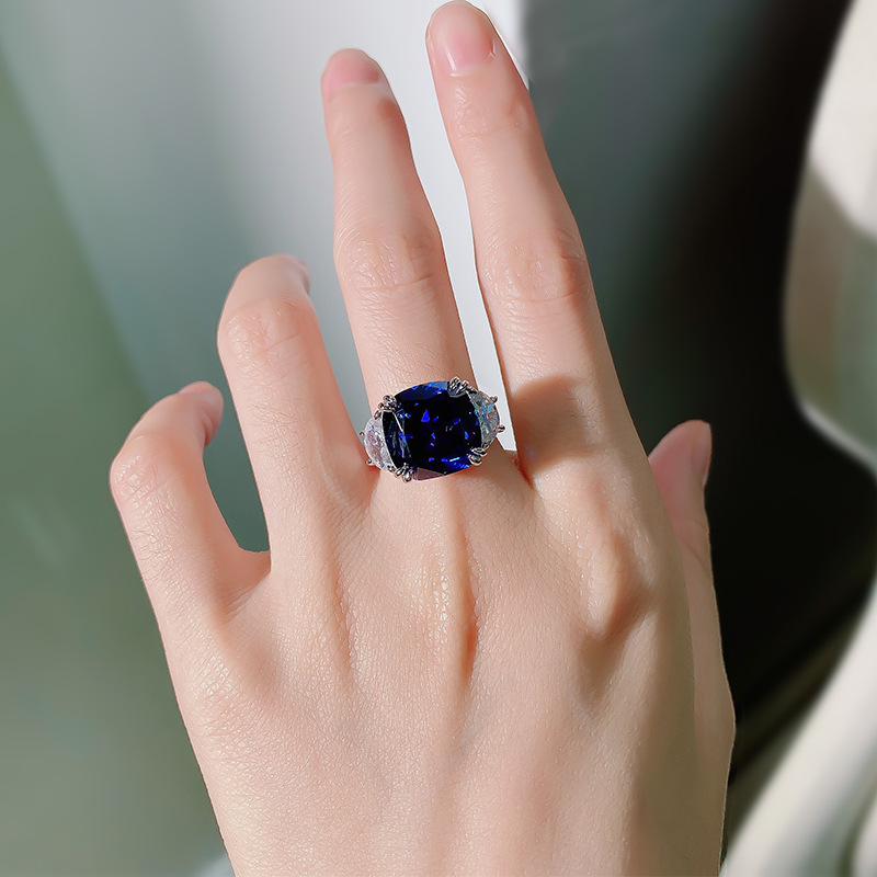 欧美跨境经典款 S925银13*13mm仿真皇家蓝高级感高碳钻戒指环女