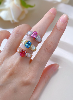 经典款新款天然粉贝壳卢比红钻戒指欧美风高级感925纯银女神贵妇