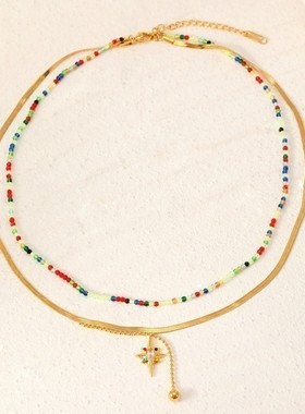 跨境新品欧美流行时尚多层彩色镶钻吊坠米珠项链简约百搭镀金项链