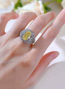 欧美经典珠宝蛋形艳彩黄冰花切8*12高碳钻仿真黄蓝宝色人造石戒指