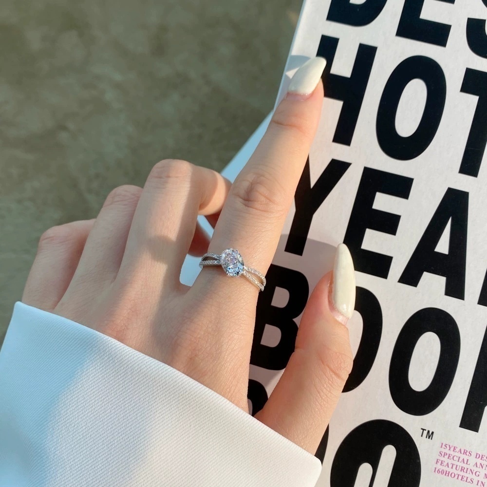 s925纯银戒指女摩登气质豪华分色冰花粉色高碳钻戒银饰