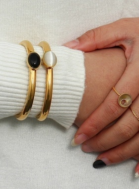 欧美摩登ins冷淡风手环饰品 小众潮流设计感不锈钢镶玛瑙空心手镯