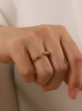 INS法式简约女式气质百搭新款钛钢戒指18K金不锈钢几何型开口戒指