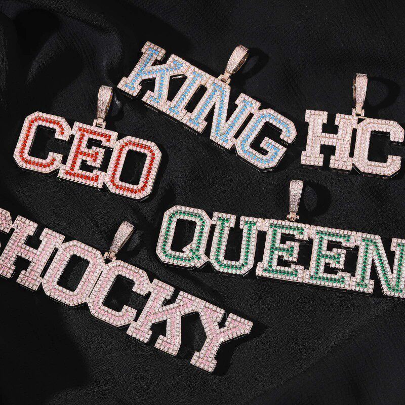 可定制！欧美嘻哈字母项链铜镶彩色锆石英文拼接字母嘻哈项链时尚