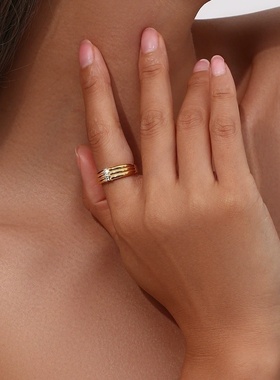 欧美ins摩登简约潮流指环饰品 不锈钢镀18K开口三个方钻条纹戒指