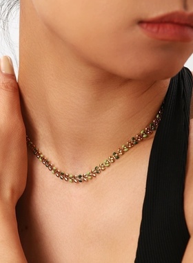 欧美摩登INS风同款项链18K金绿色滴油橄榄叶子项链女士个性饰品