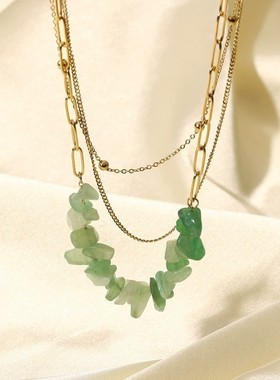 欧美新款14K金不锈钢三层项链天然绿色碎石吊坠项链女式INS风项饰