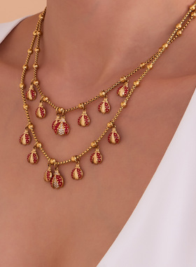 欧美跨境不锈钢夹珠链红色滴油甲壳虫镶锆项链手链创意多吊坠套装