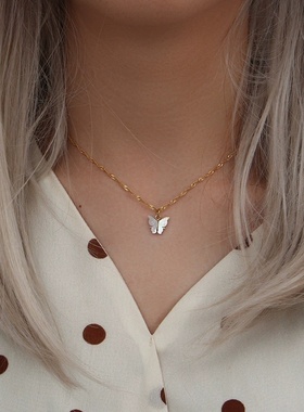 欧美ins小众潮流摩登贝壳蝴蝶耳坠饰品 不锈钢白贝壳蝴蝶吊坠项链