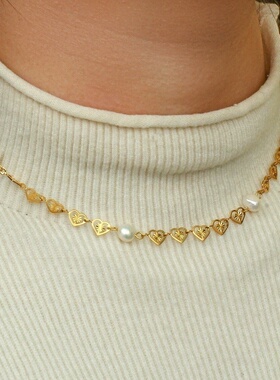 欧美摩登潮流气质百搭锁骨链饰品 不锈钢镀18K爱心片四颗珍珠项链