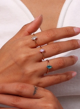 欧美ins摩登简约潮流指环手饰饰品 不锈钢镀18K马眼锆石开口戒指