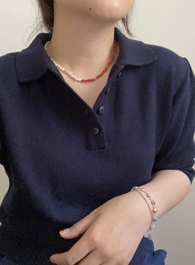 欧美跨境新年本命年大红色陶瓷米珠天然淡水珍珠串珠颈锁骨链项链