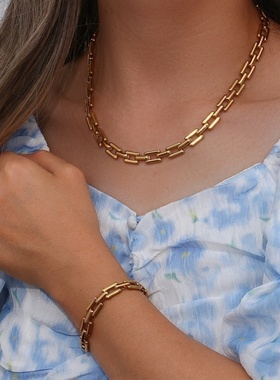 欧美ins摩登小众潮流简约项饰手链饰品 不锈钢复古多米诺链条项链