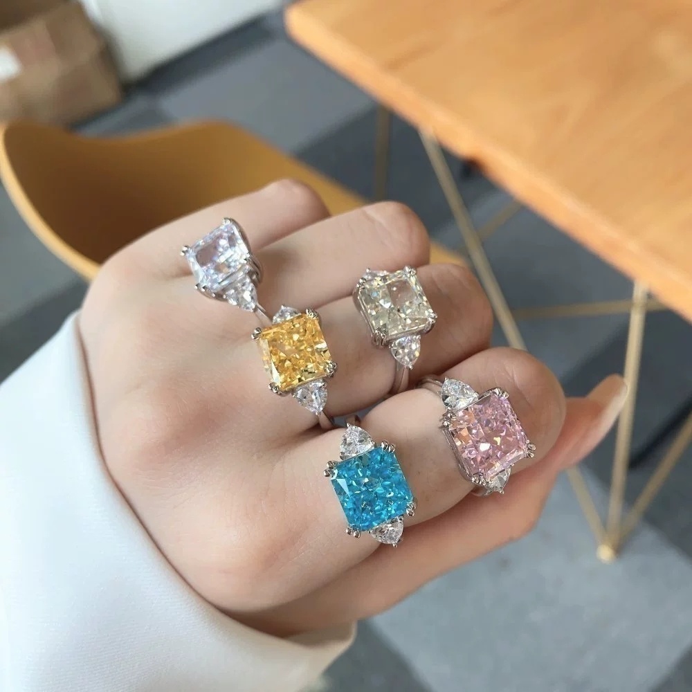 欧美热卖S925纯银高碳钻戒指女奢华大钻戒10*10宝石戒指