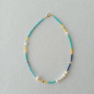 欧美跨境质感彩虹五彩色水晶珠淡水珍珠项链女青夏潮流串珠锁骨链