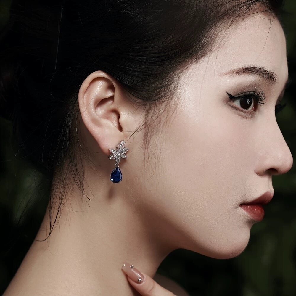 欧美跨境S925纯银锆石耳环女超闪镶钻仿真蓝宝石耳钉奢华气质饰品