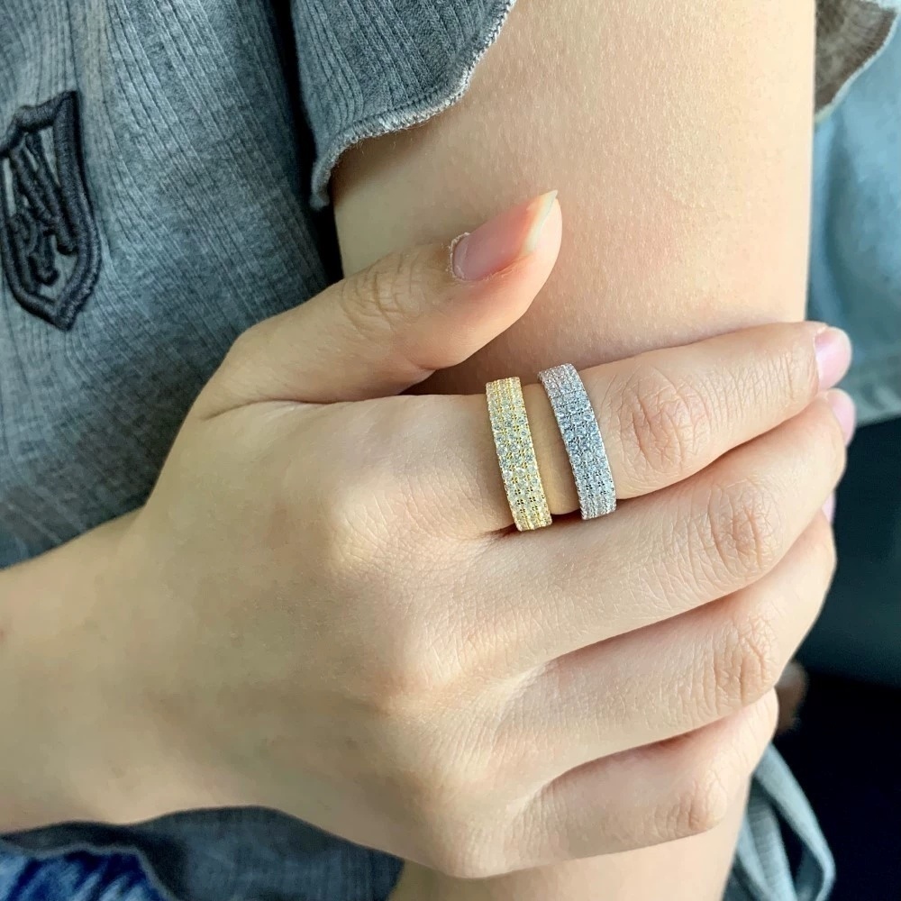 s925纯银微镶满钻戒指女三排钻车轮宽版指环锆石戒指饰品