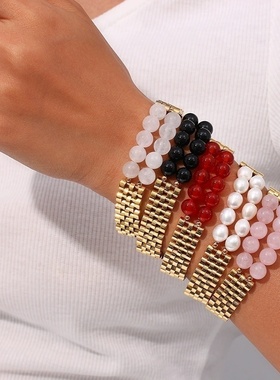 欧美ins摩登简约天然石拼接手环饰品 复古不锈钢13mm宽表带链手链