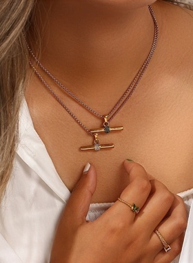 欧美ins摩登简约小众个性项坠饰品 不锈钢镀18K微镶T-Bar吊坠项链