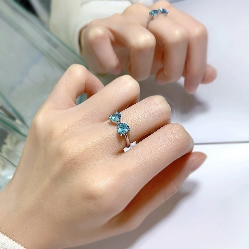 欧美2024新款925银轻奢6*6心形海蓝宝戒指跨境ins风时尚百搭