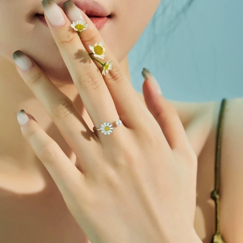 可旋转解压S925纯银戒指小雏菊滴胶珍珠开口戒小清新百搭饰品