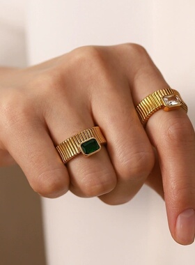 不掉色方钻竖纹戒指浓浓法式复古罗纹锆石戒指女百搭不掉色戒指女