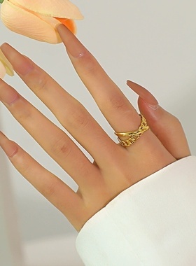 欧美ins几何链条交叉开口戒指女式网红摩登18K镀金不锈钢指环戒指