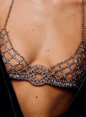 欧美跨境盛夏设计辣妹网格文胸链性感镂空水钻女身体链body chain