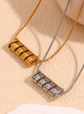 欧美跨境竹节小众气质爆款项坠不锈钢镀18K金螺旋弹簧吊坠项链女