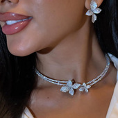 欧美高级珠宝款 平替重工满钻花朵项圈耳钉宴会山茶花女士首饰套装