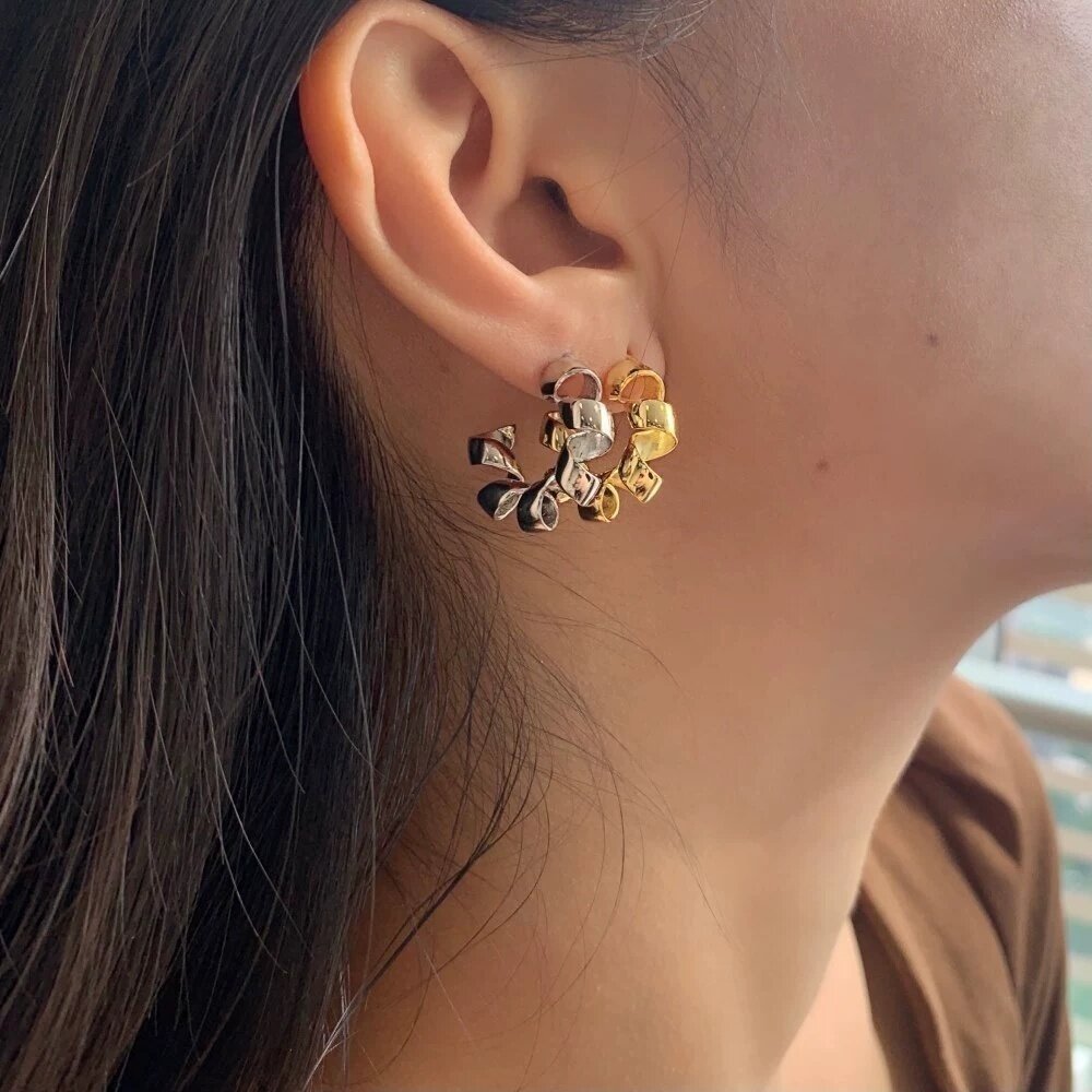 欧美新款S925纯银耳钉女不规则扭曲麻花耳圈小众高级质感耳环耳饰