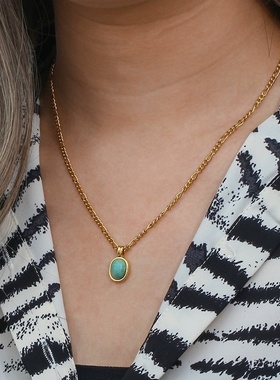 欧美摩登INS饰品锁骨链女 卷曲链条薄荷绿罗马天然天河石吊坠项链