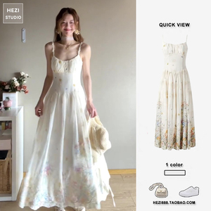 法式温柔氛围感超仙气质长裙收腰海边度假风刺绣碎花吊带连衣裙夏