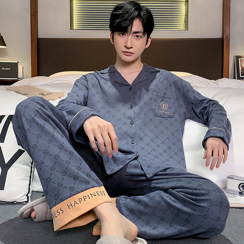 男士睡衣纯棉长袖春秋款可外穿加大码休闲男款全棉青年家居服套装