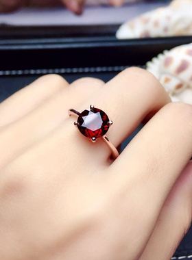 纯银四爪镀18k玫瑰金石榴石戒指