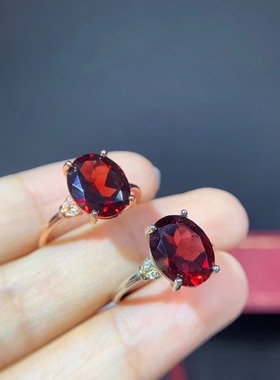 正品天然石榴石戒指女s925纯银日韩简约轻奢鸽血红宝石活口戒指