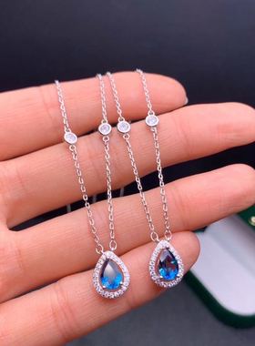纯银天然深蓝色托帕石水滴项链