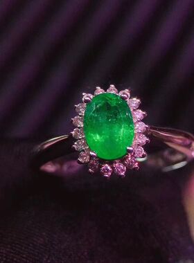 戴妃款纯银镀18k白金祖母绿戒指