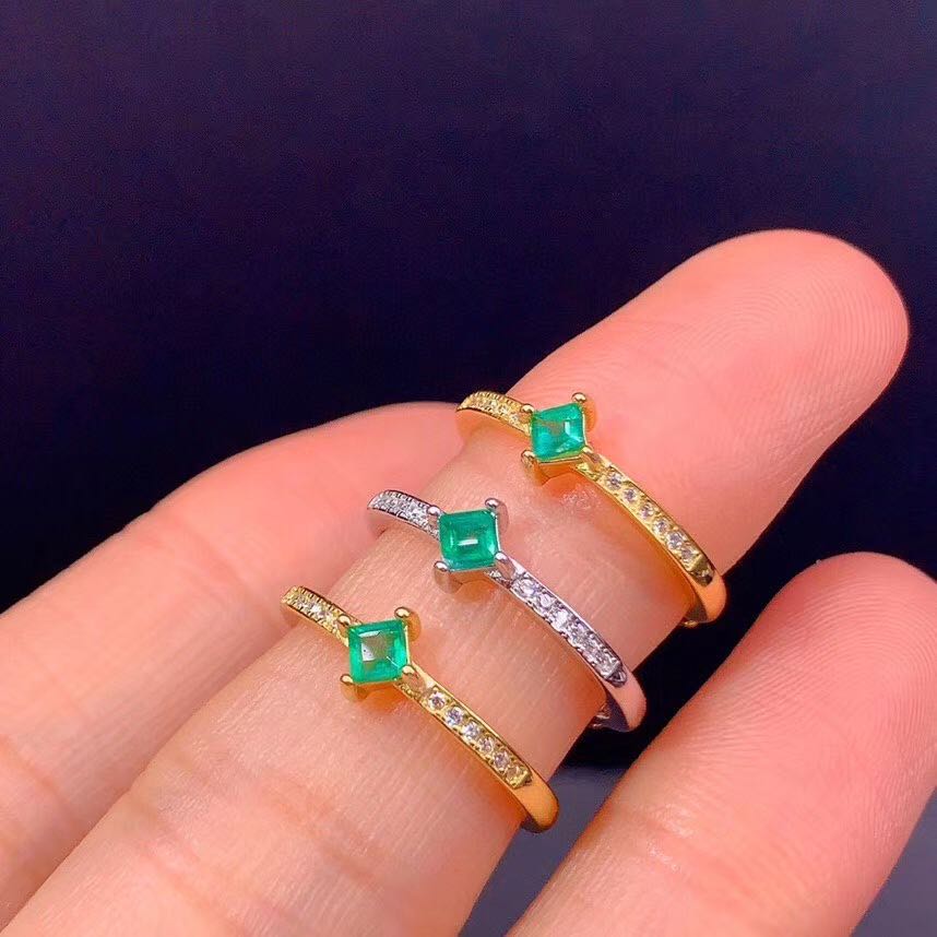 925银天然祖母绿小宝石戒指活口彩色贵重宝石甜美小清新纯银指环
