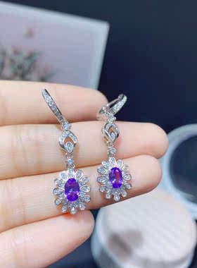 天然坦桑石耳坠耳环S925纯银精工镶嵌蓝宝石耳扣浅蓝色宝石耳钉女