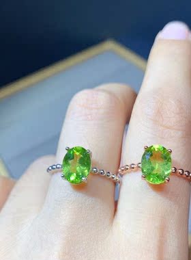 925银天然橄榄石戒指7x9mm2克拉白金色玫瑰金活口简单四爪不掉色