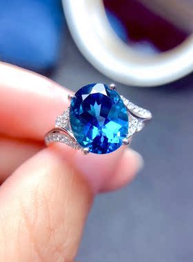 大气蓝色宝石戒指925银活口