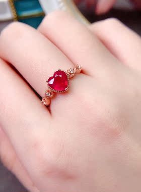 高品质缅甸红宝石戒指925银玫瑰金白金活口指圈心形红宝石时尚潮