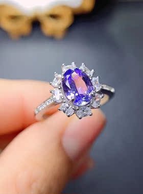 大克拉天然坦桑石戒指豪华款925纯银镀白金活口蓝宝石戒指大气