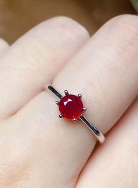 鸽血红宝石925银六爪活口戒指