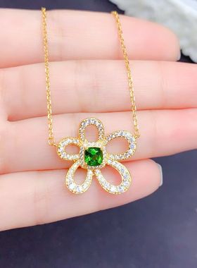 925银镀黄金天然透辉石项链坠绿宝石项链枕形方5mm时尚新款大花坠