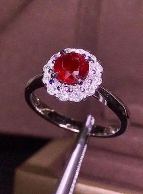 天然缅甸纯银戴妃款红宝石戒指