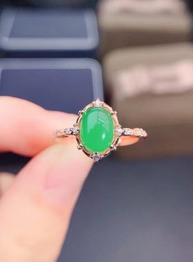 翡翠正阳绿玉髓戒指925银镀玫瑰金活口镶复古风时尚玉石精致女戒
